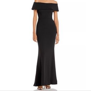 Betsy & Adam Off Shoulder Solid Black Gown